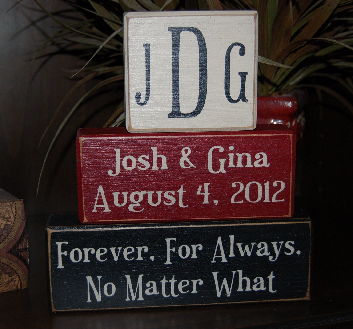 WEDDING Happily Ever After Forever For Always No Matter What PERSONALIZED Names Initials Monogram Date Wood Sign Blocks Primitive Country