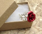 Red Rose Ring Adjustable Victorian Silver Filigree in Gift Box
