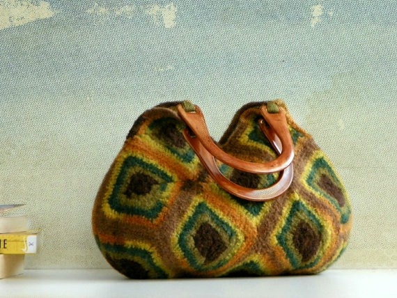 Women's crochet handbag, Fall Fashion Handbag, Crochet Granny Square, Felted Wool Crochet  Shades brown green beige mustard