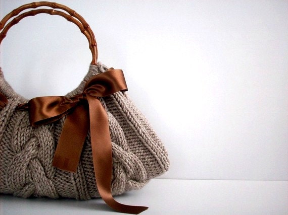 Knit Handbag NzLbags tote Handmade - Handbag - Shoulder Bag, Everyday Bag, Beige brown bow, fall autumn fashion, christmas gift idea