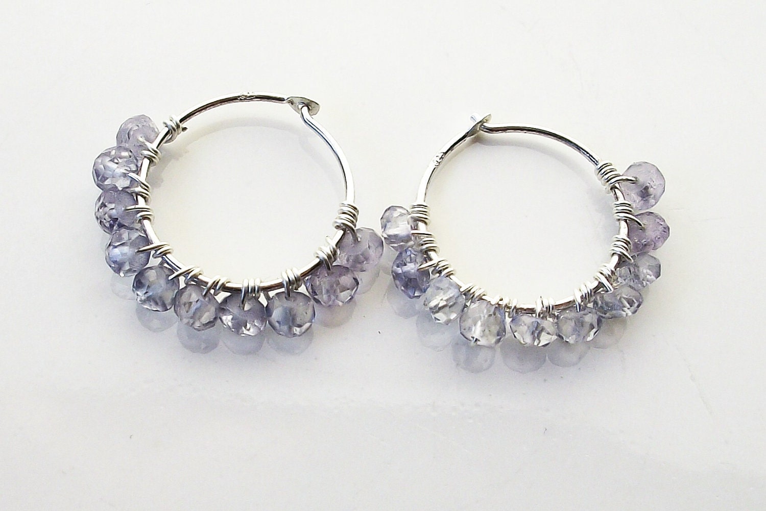 Petite Blue Quartz Hoops Wire Wrapped Sterling Silver Hoop Earrings