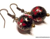Handcrafted From Vintage Costume Jewelry Black & Red Cloisonne Beaded Drop Dangle Earrings