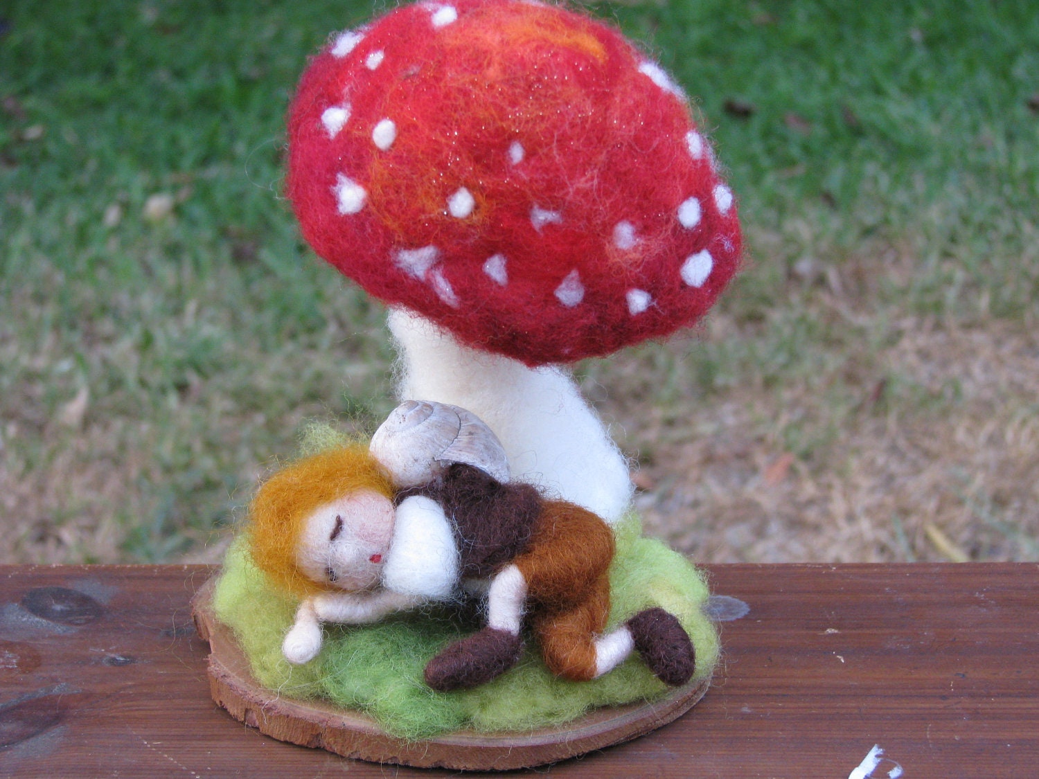 Needle felted sleeping snail boy, home decor