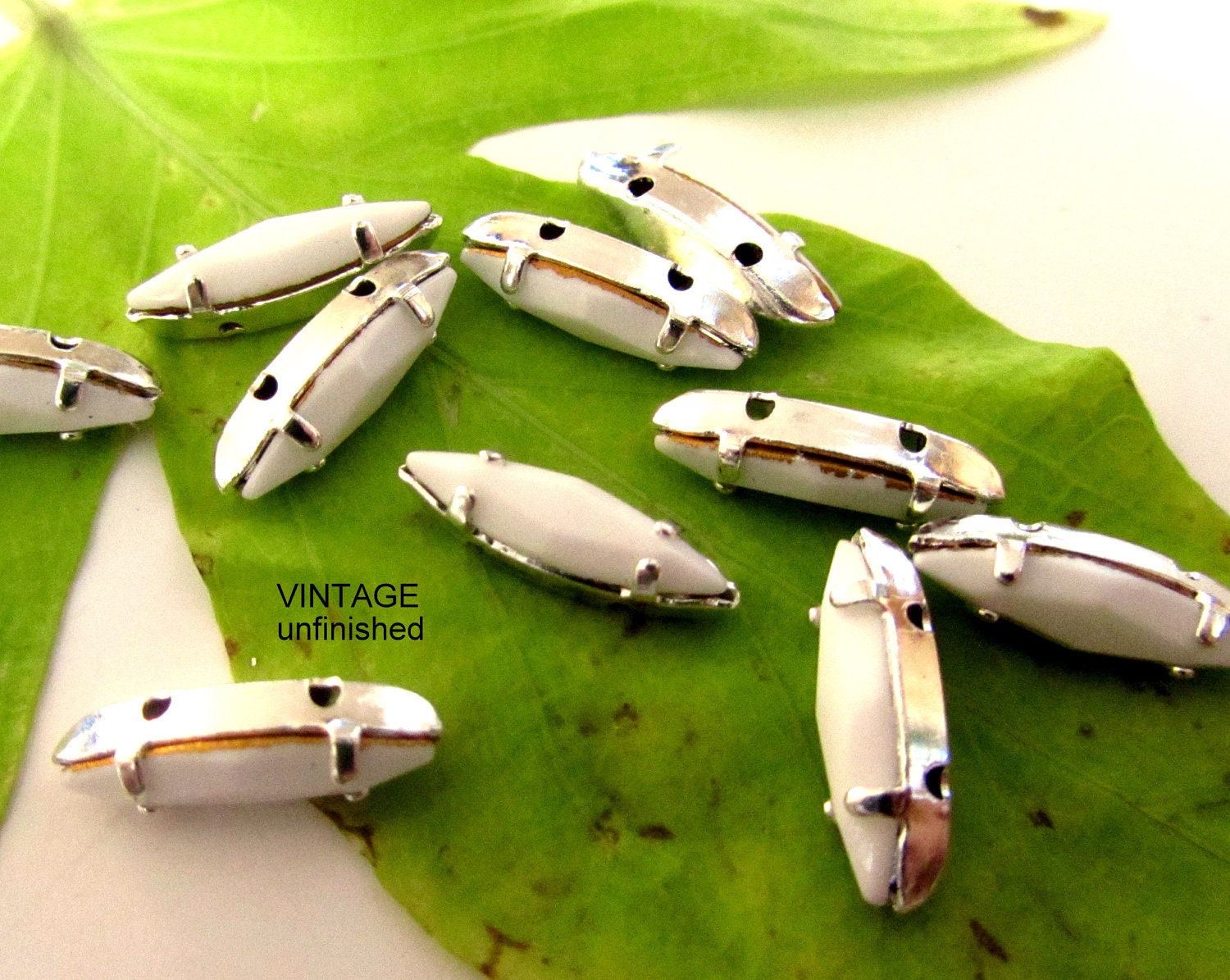 4 Swarovski 15x4mm White Navette Rhinestone Sew ons Sliders  - Silver settings - four holes