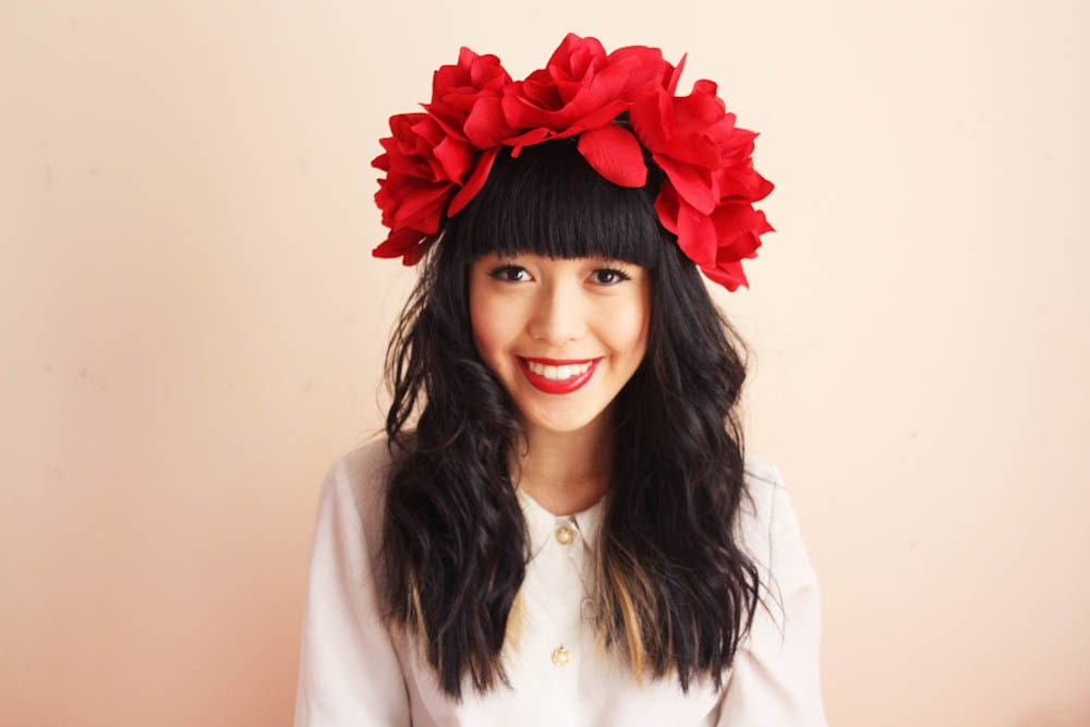 floral crown headband hair wreath - red, love, romantic statement headpiece, large flower crown, oversized.
