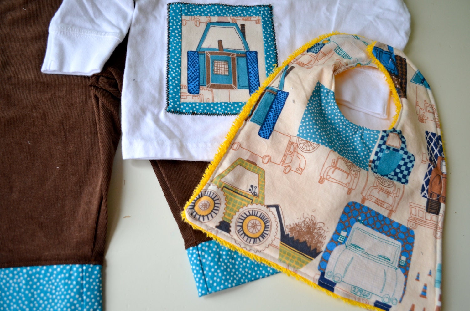 Baby Boy 12-18 months truck tee pants and bib set, ready to ship