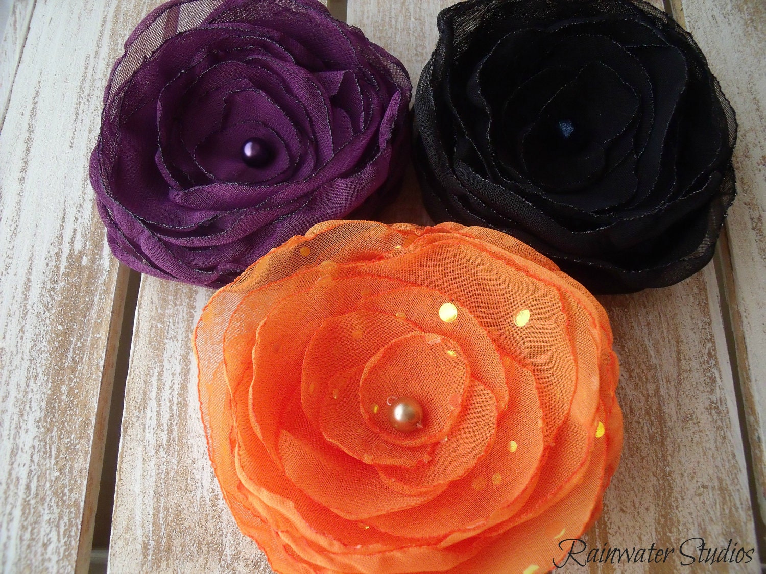 Wedding Hair Flower Clip Trio- Halloween Orange, Black, Mystic Purple