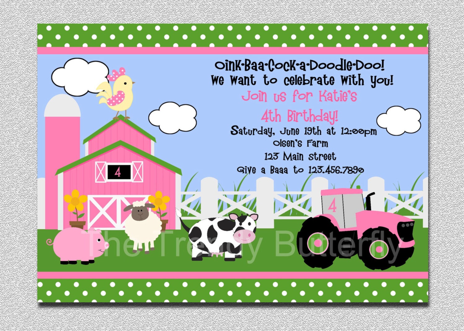 Farm Birthday Invitation Farm Animals Birthday Party Invitation Pink and Green Printable Invitation Il_170x135