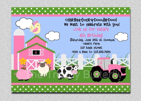 Farm Birthday Invitation Farm Animals Birthday Party Invitation Pink and Green Printable Invitation Il_570xn