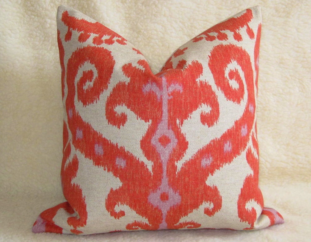 Pair of 2 Ikat Designer Pillows Linen - Orange Red Coral - 18 inch - Ikat Pillow - Decorative Pillow - Linen Pillow - IKAT - Boho