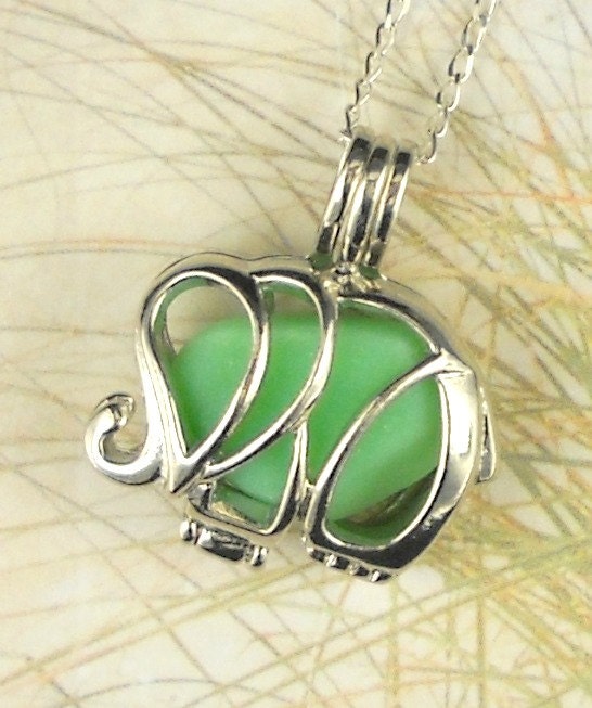 Sea Glass Necklace Elephant Locket Emerald Green Milk Glass