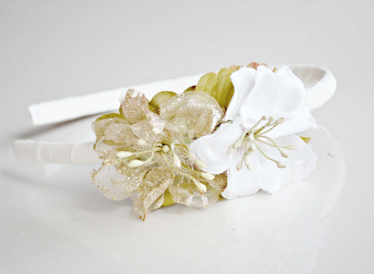 glitter gold and ivory flower headband for new years eve, women, bridal, women: joy