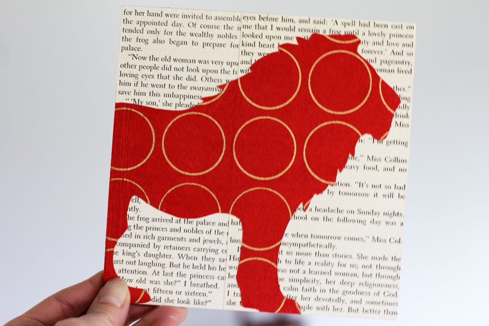 Lion in Red and Gold Over Vintage Book Pages,6x6, Mounted on a Ready to Hang Birch Panel, Hand Cut Decorative Paper Over Vintage Book Pages