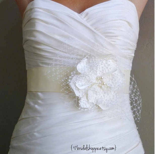 Wedding Sash Bridal Belt SADIE - Ivory Lace and Satin Flower  with Birdcage Veiling on Grosgrain