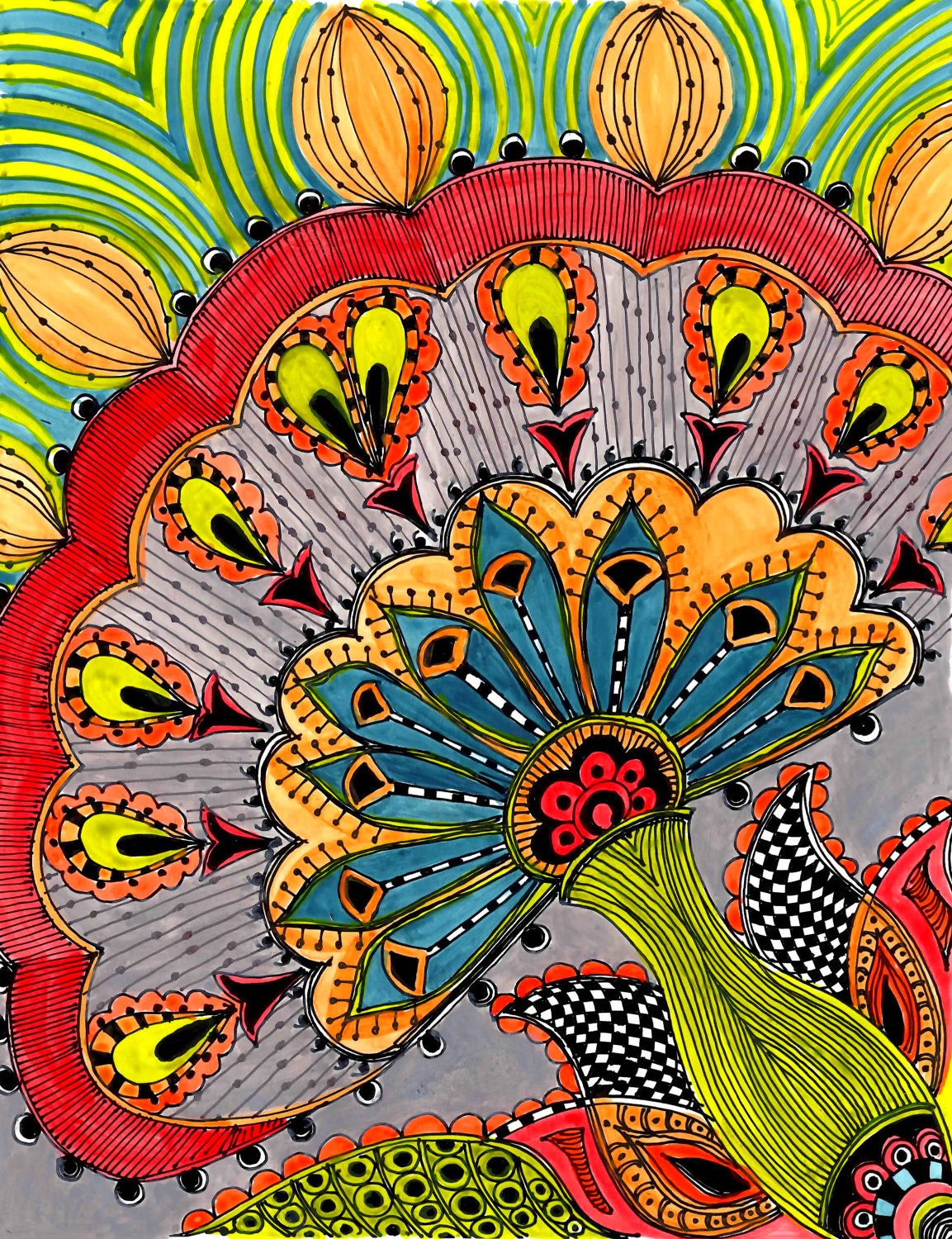 FLOWER Fine Art print- red blue green gray ink and acrylic painting