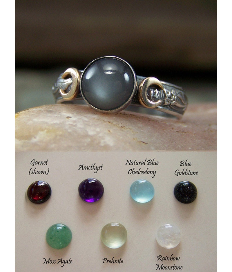 Triple Moon with 14k Cresent Moons - Choose your 8mm Stone - Set in Sterling Silver - 10 stone choices