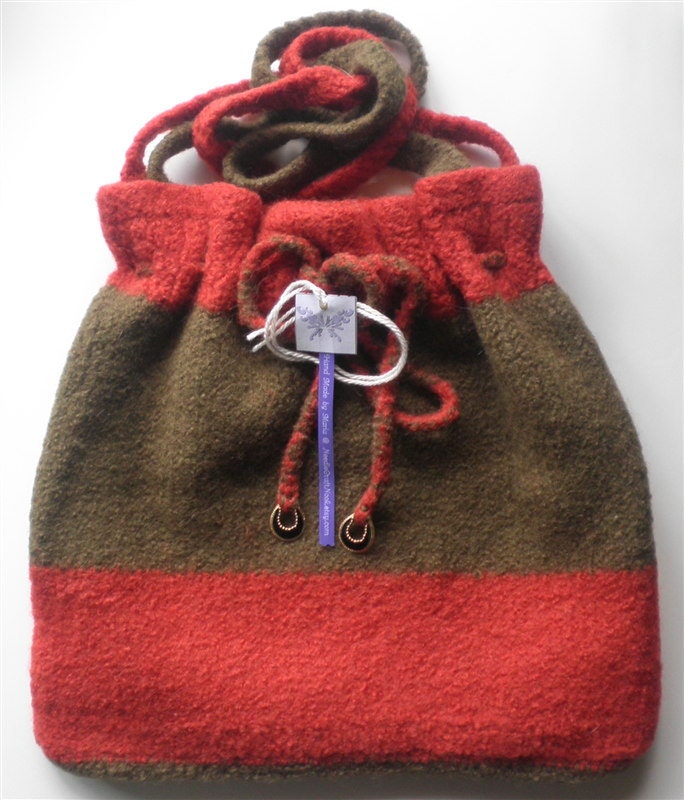 Felted Bag, Red Orange with Olive Green Stripe - Handbag Wool Alpaca Tote, Felt Accessories