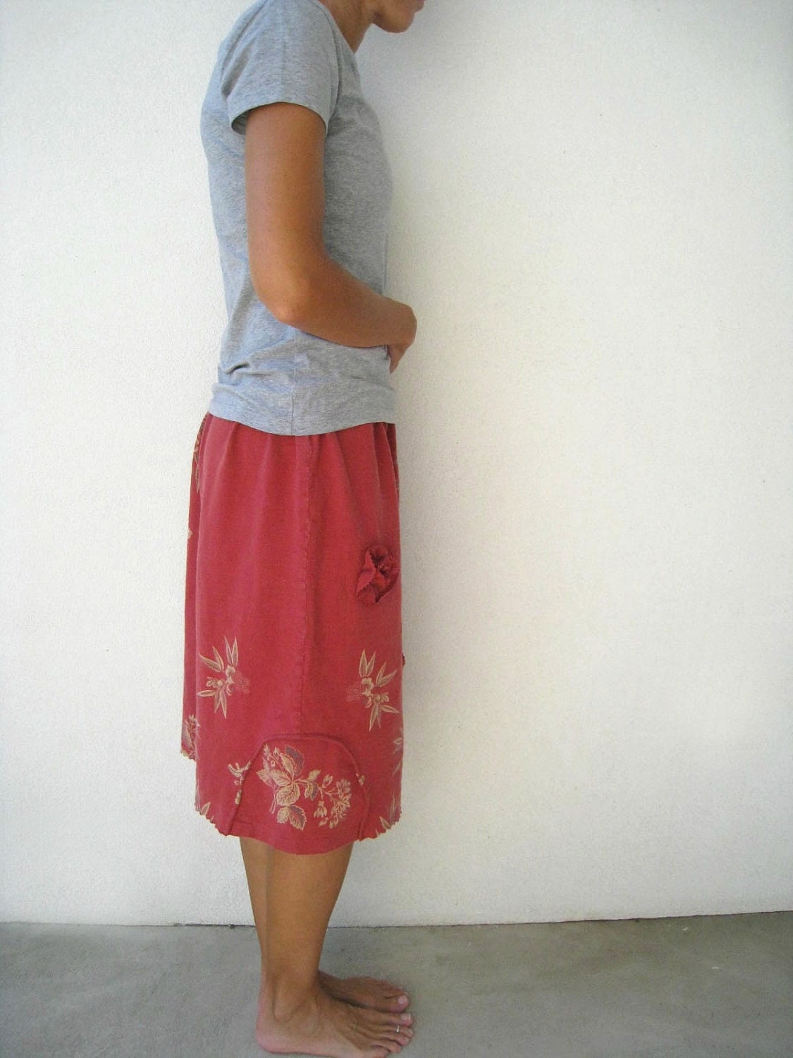 T Shirt Skirt for Her / Recycled Upcycled / Cotton Tee / Brick Red Rust Tan / Floral Design / Drawstring / Soft / Fun / by ohzie