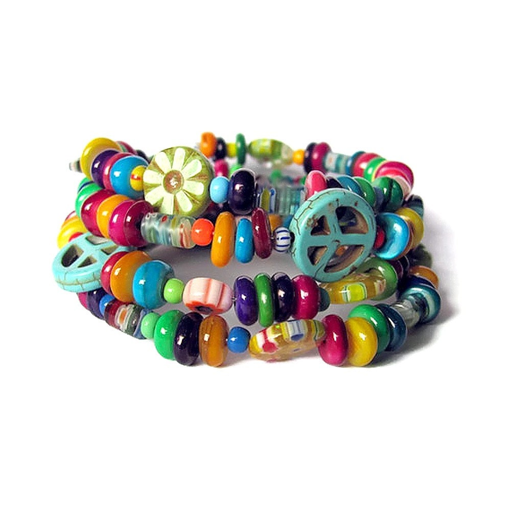 Flower Power beaded memory wire bracelet  boho jewelry hippie beaded wrap hippie bracelet