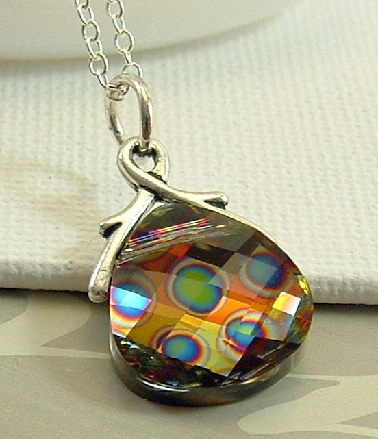 Shipping Peacock Eye Necklace - Rainbow Colors Flat Pear Swarovski Briolette Teardrop Pendant on Sterling Silver Chain