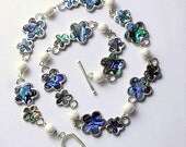 Paua Shell & Glass Bead Necklace, Abalone Flowers and Pearls Necklace, Handmade Bead Jewelry