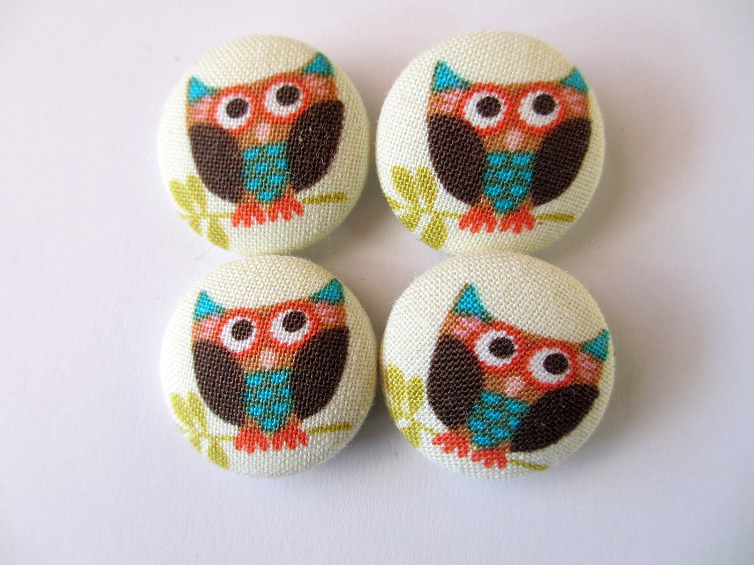 4 Kawaii owls handmade fabric covered buttons 7/8 inches