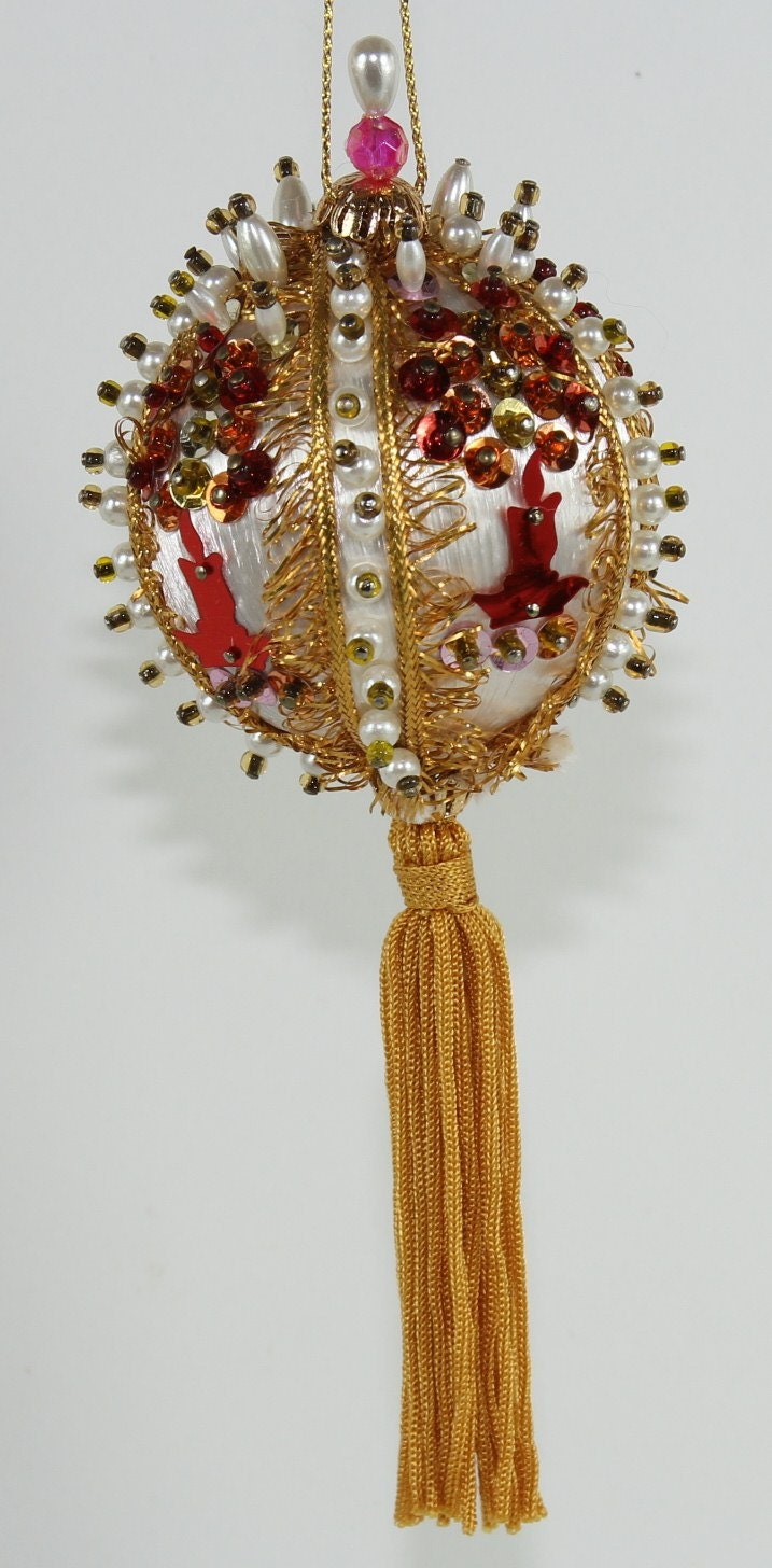 Vintage Christmas Ornament Elegant White Satin Ribbon, Pink and Silver Sequins, Pearls and Gold Braid Long Gold Fringe Handmade