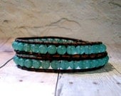 Aventurine Leather Wrap Bracelet, Green Aventurine 2x Beaded Leather Wrap Bracelet, Bead and Button Ladder Bracelet
