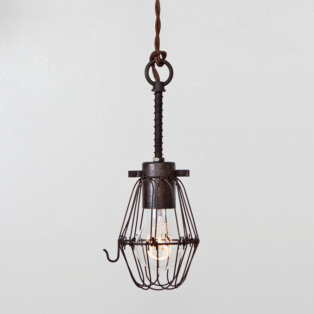 Basic Wire Bulb Cage Pendant Light Trouble Lamp Vintage Industrial Rustic Modern // Vintage Style Cloth Covered Twisted Cord & Bakelite Plug