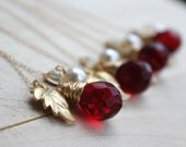 Gold Leaf Necklace, wine red stone,  Gold Initial with pearl, bridesmaid gifts, bridal party favor, autumn wedding, fall, grapes and vines