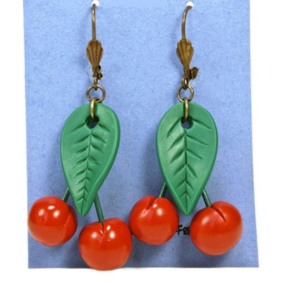 Earrings, Red Cherry, 1940s 1950s Vintage Bakelite Inspired Reproduction Jewelry, Dangling Cherries, Polymer Clay, Rockabilly