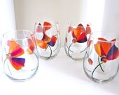 4 Drinking Glasses- Hand Painted Wine Set- Color Splash Poppies Glassware