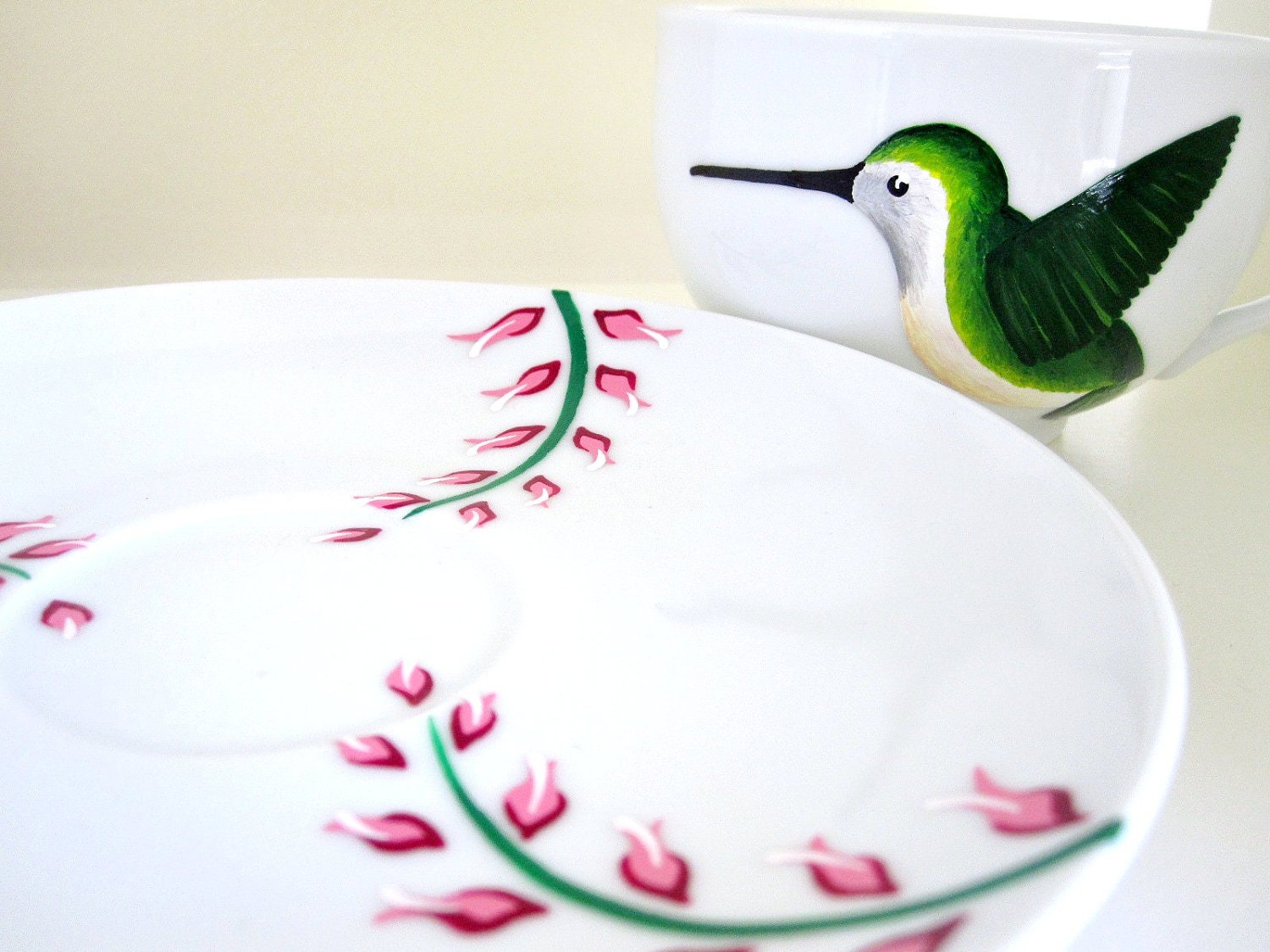 Hummingbird Hand Painted Ceramic Teacup & Saucer