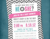 Pink or Blue. He or She. Chevron Gender Reveal Gender Neutral Baby Shower Invitation. Any text and colors by Tipsy Graphics Il_170x135