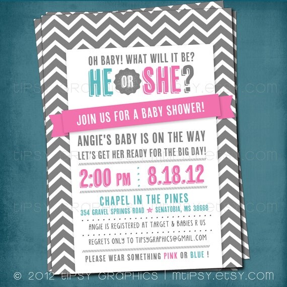 Pink or Blue. He or She. Chevron Gender Reveal Gender Neutral Baby Shower Invitation. Any text and colors by Tipsy Graphics Il_570xn