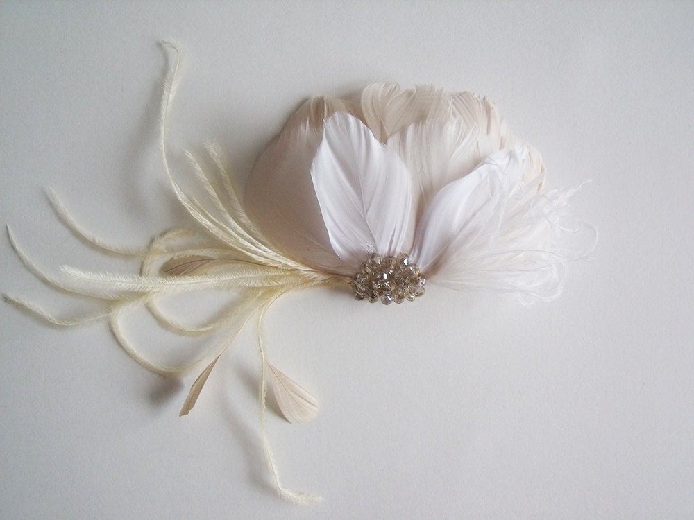 Ivory Ombre Bridal Feather Headpiece With Golden Shadow Crystal Embellishments