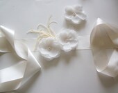 Ivory  Satin Flower Sash - Bridal Sash - Bridal Belt - Ivory Bridal Sash with matching Ivory Hair Flower