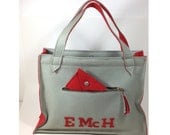 Handmade Felt Handbag Vintage Tote Bag Gray and Red Hand Bag Purse with Wallet