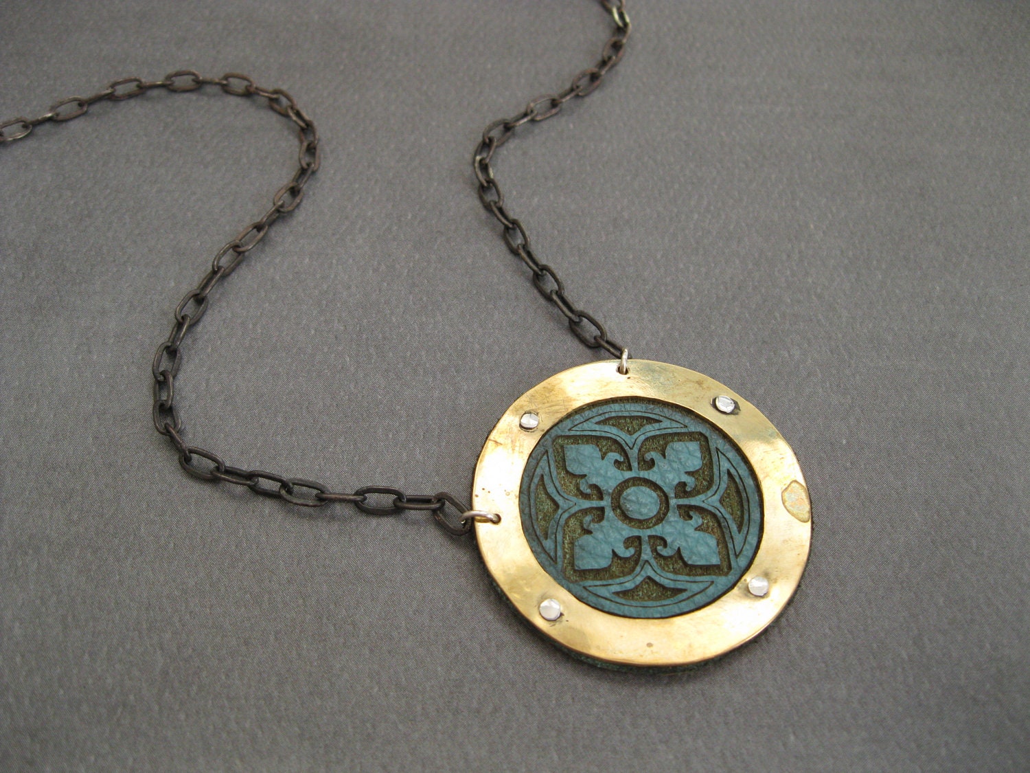 Circle Brass Necklace with Aqua Laser Cut Leather