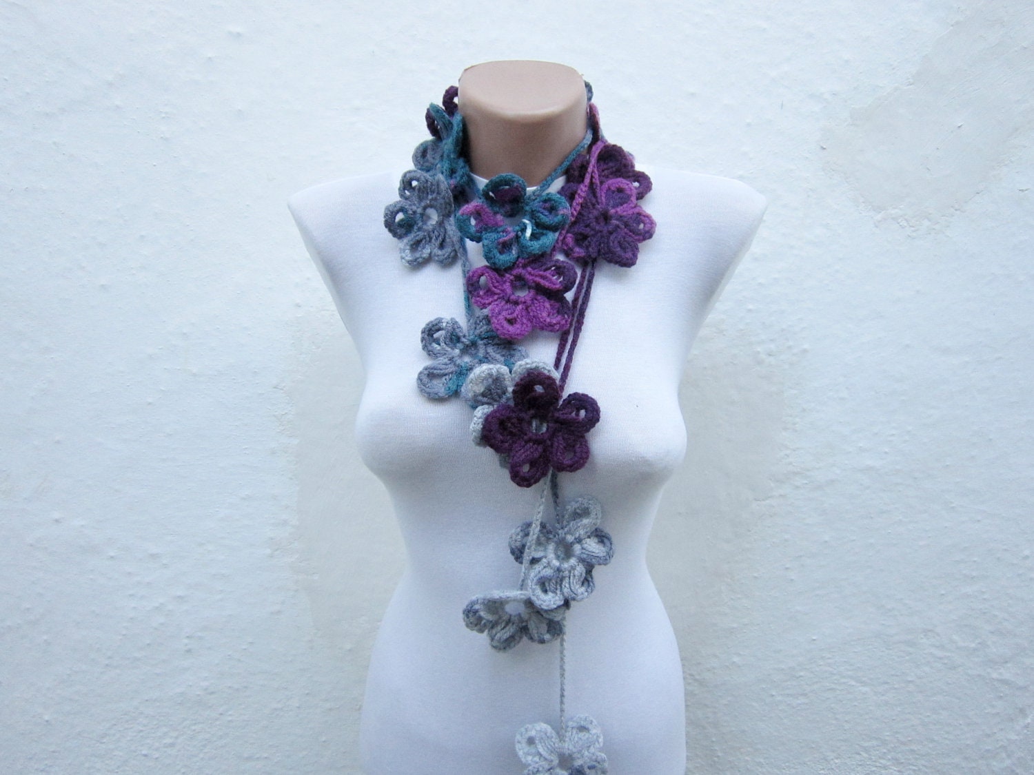Handmade crochet Lariat Scarf grey purple teal  Flower Lariat Scarf Colorful Variegated Long Necklace Winter Fashion