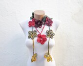 Handmade crochet Lariat Scarf  Yellow Red Green  Flower Lariat Scarf Colorful Variegated Long Necklace  winter fashion