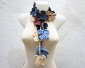 Handmade crochet Lariat Scarf Blue Dark blue Cream Brown Flower Lariat Scarf Colorful Variegated Long Necklace Winter Fashion