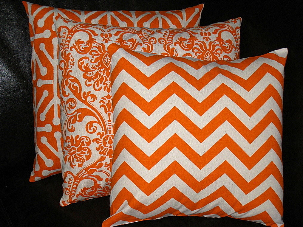 ORANGE Pillows TRIO chevron, damask,  jacks Decorator Throw Pillow COVERS set of Three 16x16 inch tangerine, natural Zig Zag 16"