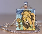 Dorothy and the Cowardly Lion Pendant - Vintage Wizard of Oz Storybook Illustrations - Made from an Upcycled Scrabble Tile (256G1)