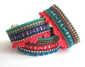 Bohemian friendship bracelet cuff - hippie bracelet - boho chic jewelry - teal and hot pink with swarovski rhinestones