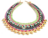 Neon statement necklace  - multiple strands beaded necklace - neon jewelry - heart necklace - beaded choker - bohemian hippie style