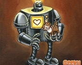 Robot and Kitten - 8x8 art print - Retro robot loves little kittens on a brown background