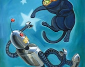 Ninja Cat vs Robot - 8x10 art print - Ninja cat and robot battle on a teal background with stars