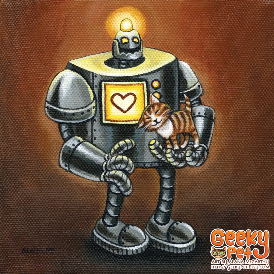 Robot and Kitten - 8x8 art print - Retro robot loves little kittens on a brown background