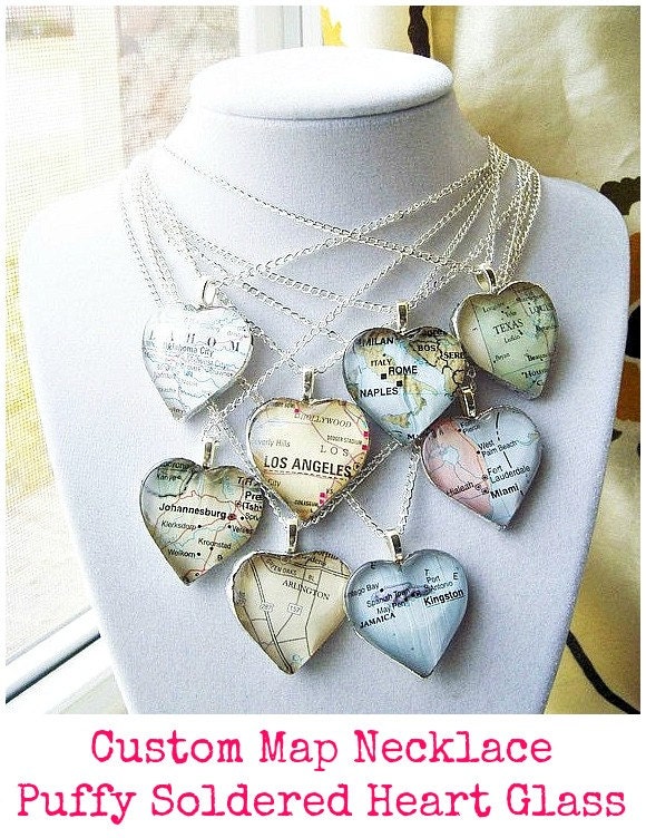 Custom Glass Heart Map Necklace
